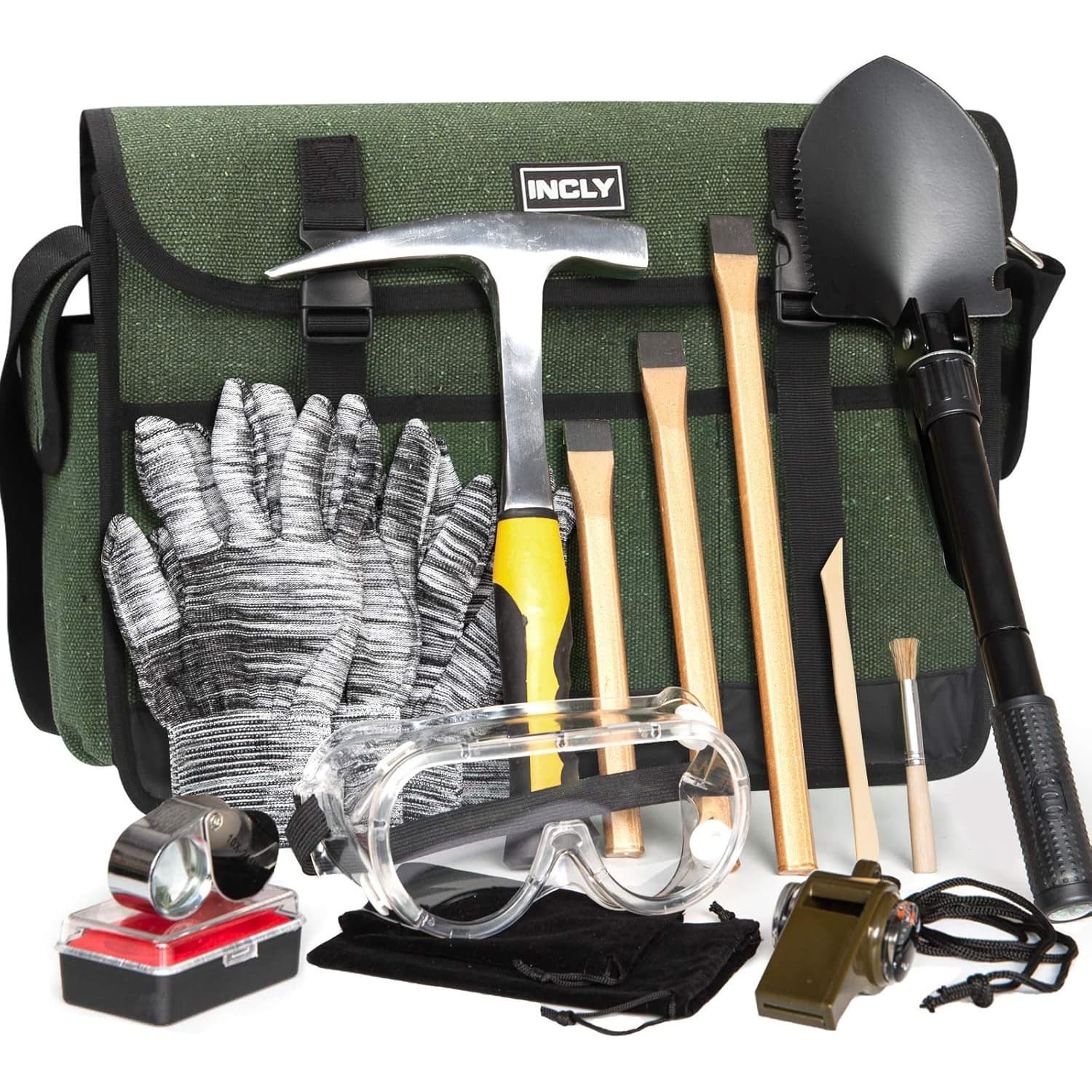 TEMU 15pcs Rock Pick Hammer Kit, 32oz Hammer & 3pcs Digging Chisels Set For Rock Hounding, Golden Mining & Prospecting Equipment Tool Gear Shovel Musette Bag, Compass, Whistle, Wooden Chisel