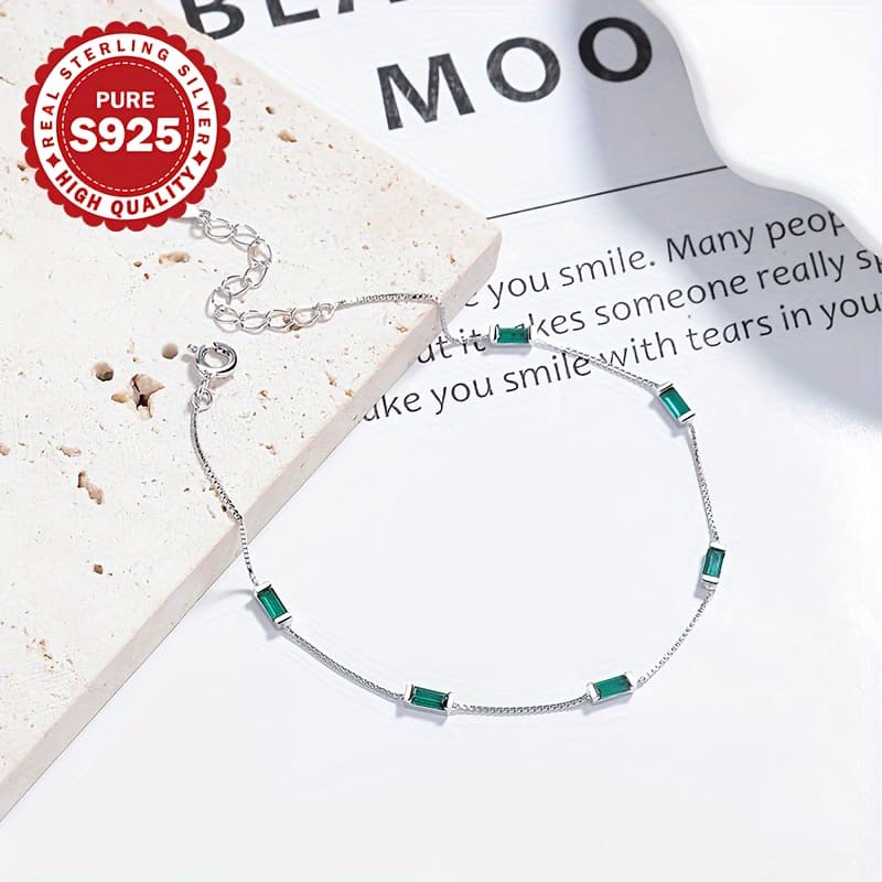 TEMU 1pc S925 Sterling Silvery Square Green Synthetic Zirconia Bracelet, Gift For Mom, Hypoallergenic
