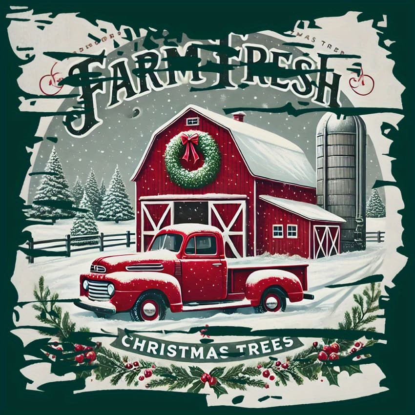 TEMU 1pc An 11-inch Christmas-themed Heat Transfer Sticker Featuring A Vintage , A Snowy Barn, And Holly Design. This Washable Polyurethane Decal Is Suitable For T-shirts, Hoodies, Bags