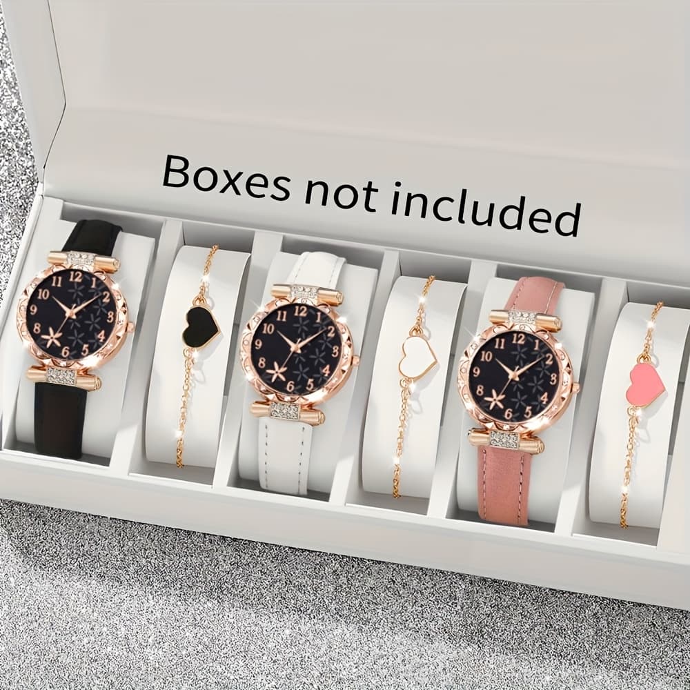 TEMU 6pcs/set Women's Watch Set Elegant Fashion Romantic Flower Dial Pu Leather Quartz Watch Heart Bracelet Suitable For Daily Wear Gift Or Souvenir For