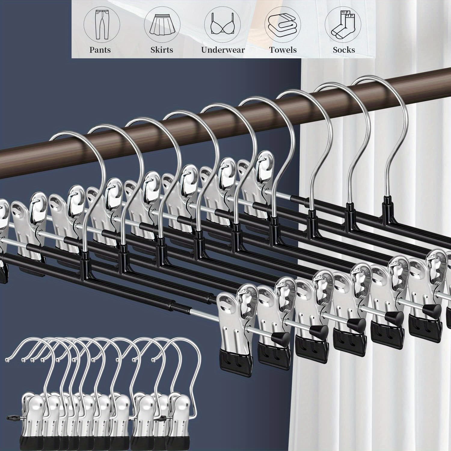 TEMU 20pcs Adjustable Colorful Clothes Hangers For Pants, Skirts, Jeans, And Socks - Space-saving Metal Hanger With Polished Surface, Durable Coated Clips For Secure Fastening, Clothing Organizer