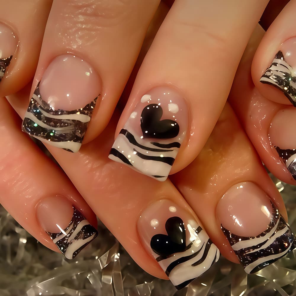 TEMU 48 Medium-sized Square Fake Nails With White Glitter And Black Heart-shaped Designs, Glossy End, Reusable, Perfect For Women - Nail Art And Decorative Fingernail Additions
