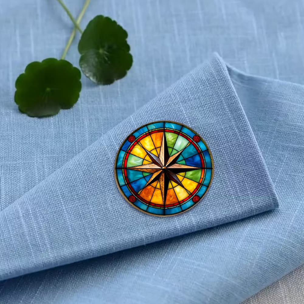 TEMU 1pc 2d Brooch - Multicolor Stained & Compass Pin, Directional Needle For Jackets/hats, Casual & Themed Outfits, Unisex Fashion Accessory For &, Gift Idea For Travelers/ (stained Glass)