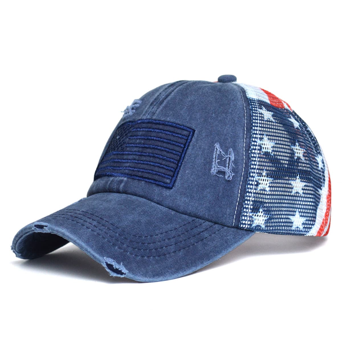 TEMU Women's Distressed American Flag Baseball With Embellished Stars & Stripes, Adjustable Snapback Closure, Lightweight Washed Trucker Hat For , Sports & Casual Attire - Ponytail-