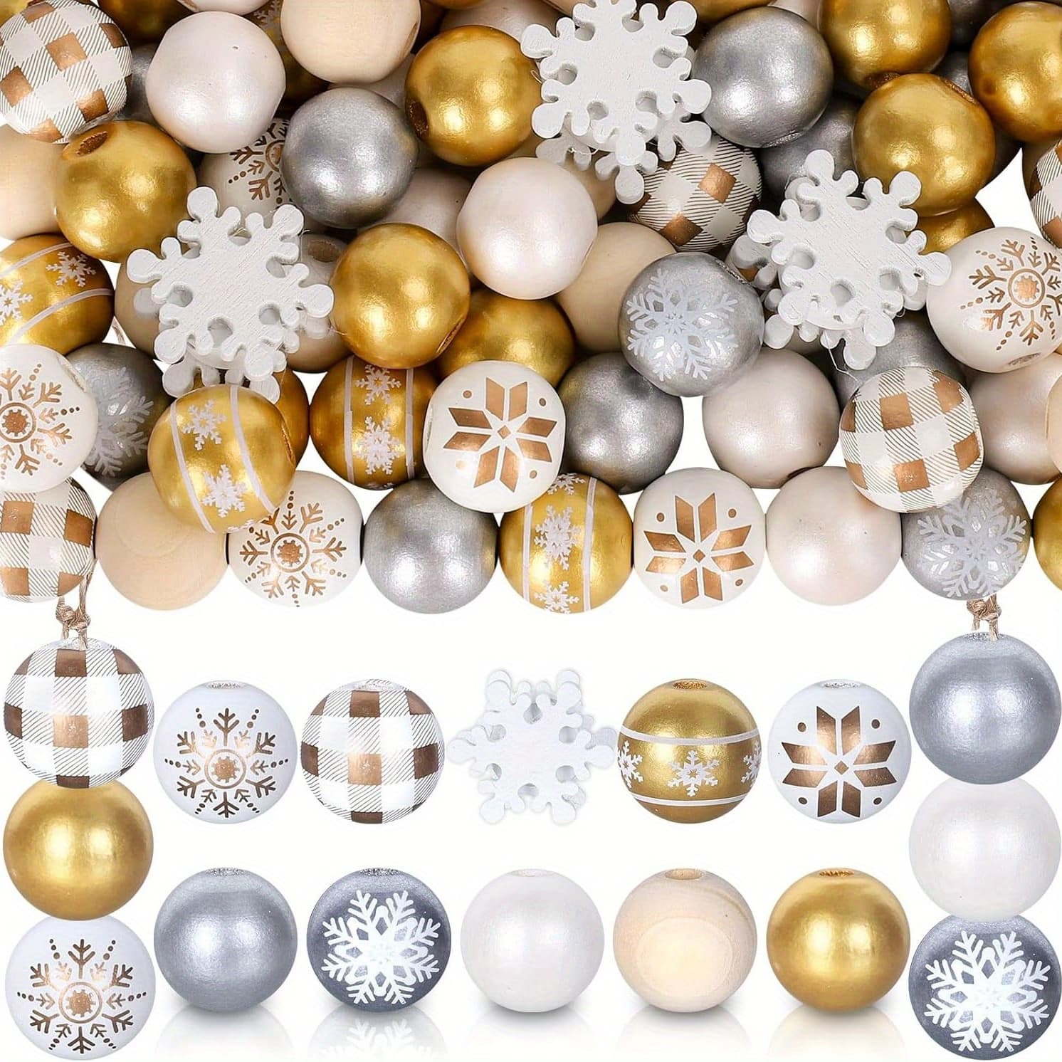 TEMU 210pcs Beads Winter Golden Silvery White Snowflake Pattern Wood Craft Beads Rustic Farmhouse Tiered Tray Decor Garland For Diy Making Bracelet Necklace Home Decor 10styles