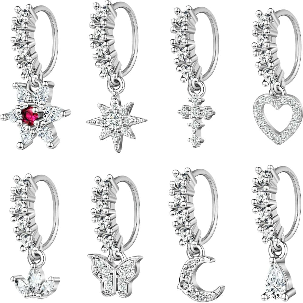 TEMU Local Warehouse 8pcs Silvery Tone Dangle Nose Hoops - Moon Star Heart Cross Charms - Cz Piercing Kit - Body Jewelry Gifts For Her