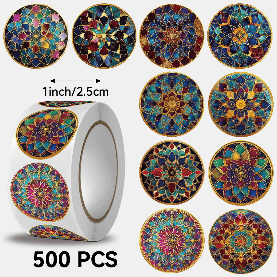 TEMU 500pcs/roll, Mandala Pattern Stickers, Happy , Size 2.5 Cm/1.0 Inch, Round, Essential, For Gifting, Suitable For Book Decoration, Envelope Decoration, Cake Decoration, Flower Wrapping Decoration