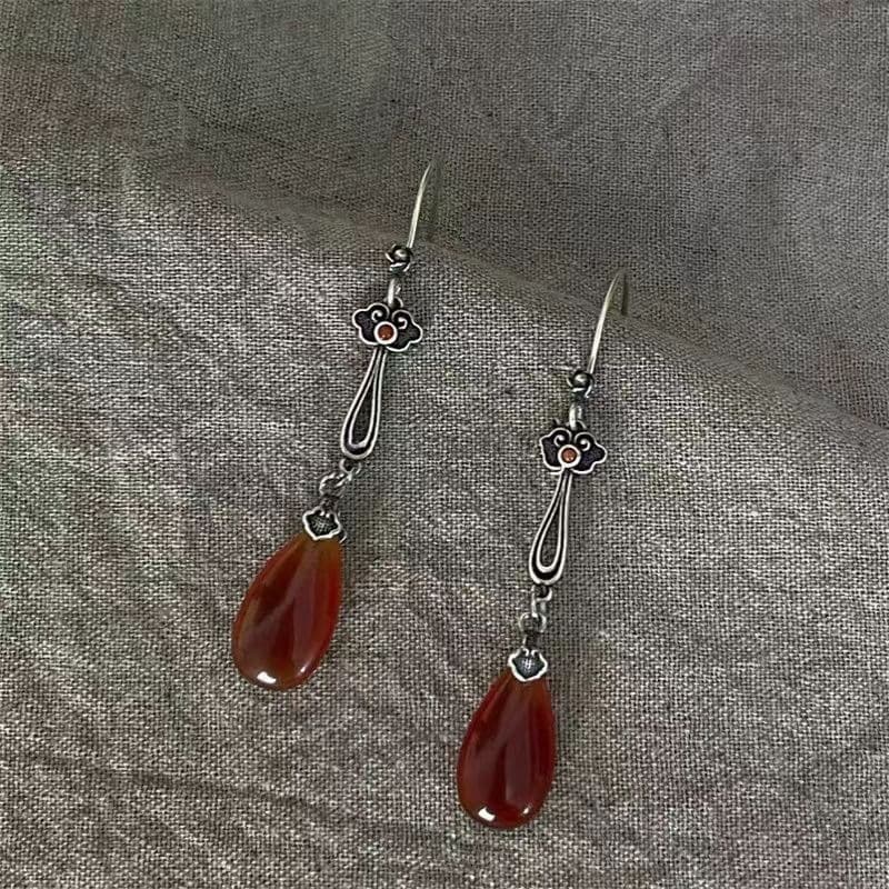 TEMU 2pcs Red Accent Teardrop Floral-detail Drop Earrings, Ethnic Vintage Inspired Ornate Curved Earrings For Wedding Date Cultural Events Birthday Traditional