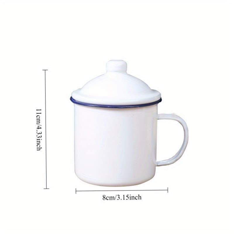 TEMU Classic White Enamel Coffee Mug Featuring A Blue Lid - Sturdy, Convenient, And Fashionable For Use At Home, , Or Outdoors