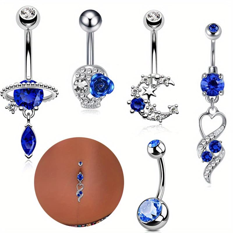 TEMU 5pcss Set Of New Puncture Nails, Blue Droplet Ring, Simple Moon , 5pcss Set Of Birthday Gift For Women