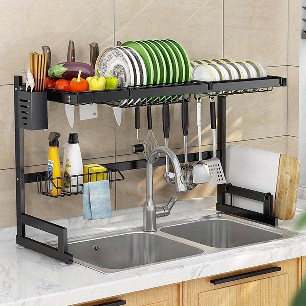 TEMU Lamutt 1pc Over The Sink Dish Drying Rack, 2-tier Large Stainless Steel Dish Drainer For Kitchen Storage (black)