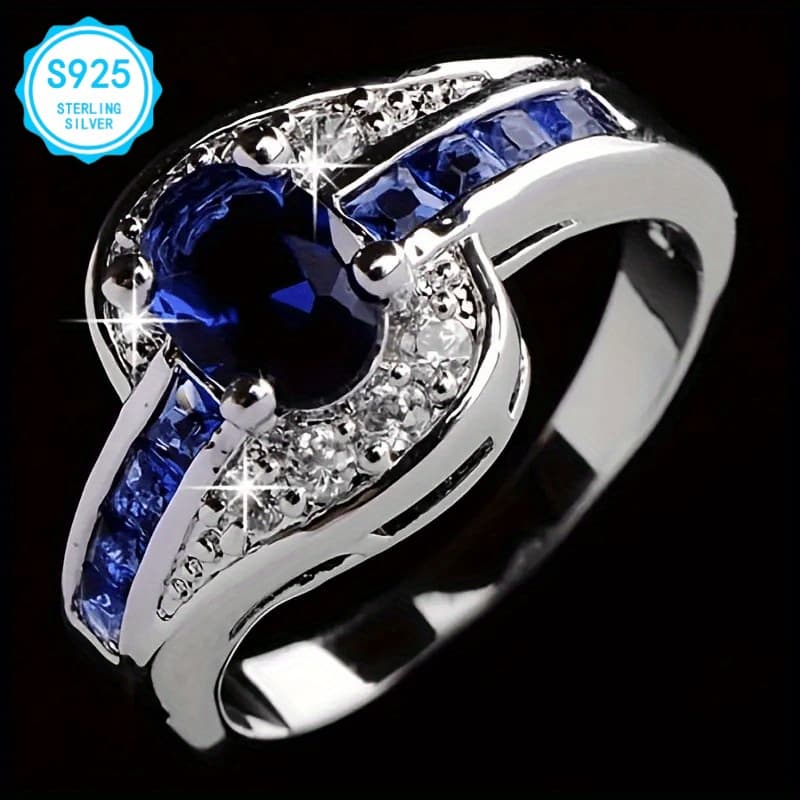 TEMU Ejg - 925 Silver Moissanite Oval Blue Ring, Hypoallergenic, Nickel Free, Super Sparkling Elegant Wedding Ring Jewelry Decoration, Suitable For Daily Party Wear, Holiday Gift, Birthday Gift