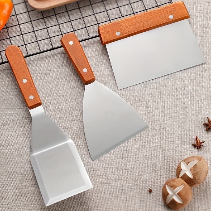 TEMU Stainless Steel Scraper Set- Durable Metal Cooking Utensils With Wooden Handle, Mirror Polished, For - Kitchen Tools For Bbq, Flip And Stir