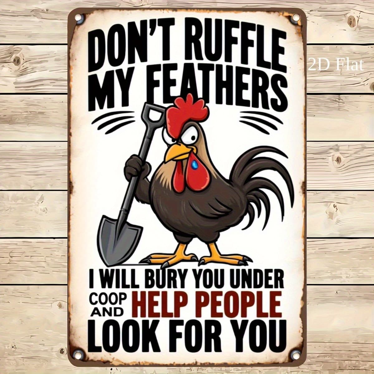TEMU 2d Flat Funny Chicken Metal Wall Sign - "don't Ruffle My Feathers Bury You Under Coop" Humorous Garden & Bedroom Decor, Rustic With Cartoon , Style Home Decoration, Chicken Decor, Artwork