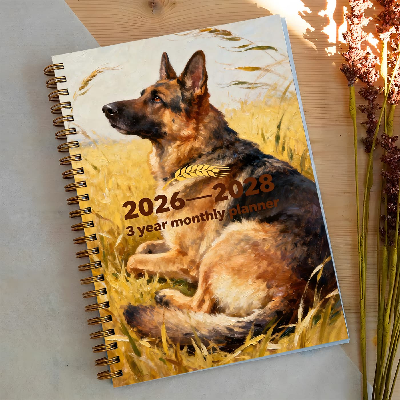 TEMU 2026-2028 Spiral Bound Monthly Planner With A Fantasy Oil Painting Cover Featuring A German Shepherd - A Sunday Schedule Planner Designed To Enhance Efficiency
