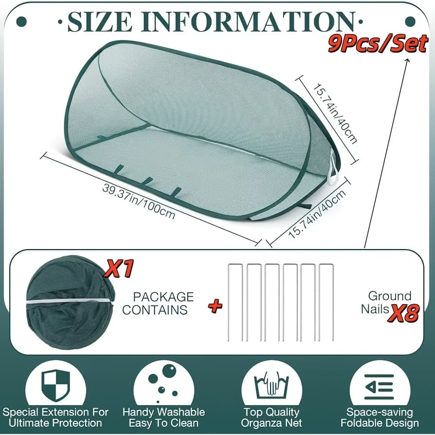 TEMU 9pcs Pop-up Plant And Fruit Insect-proof Cover Set = (1 Insect-proof Net + 8 Ground Pegs) Bird And , Protective Cover For Flower Planting
