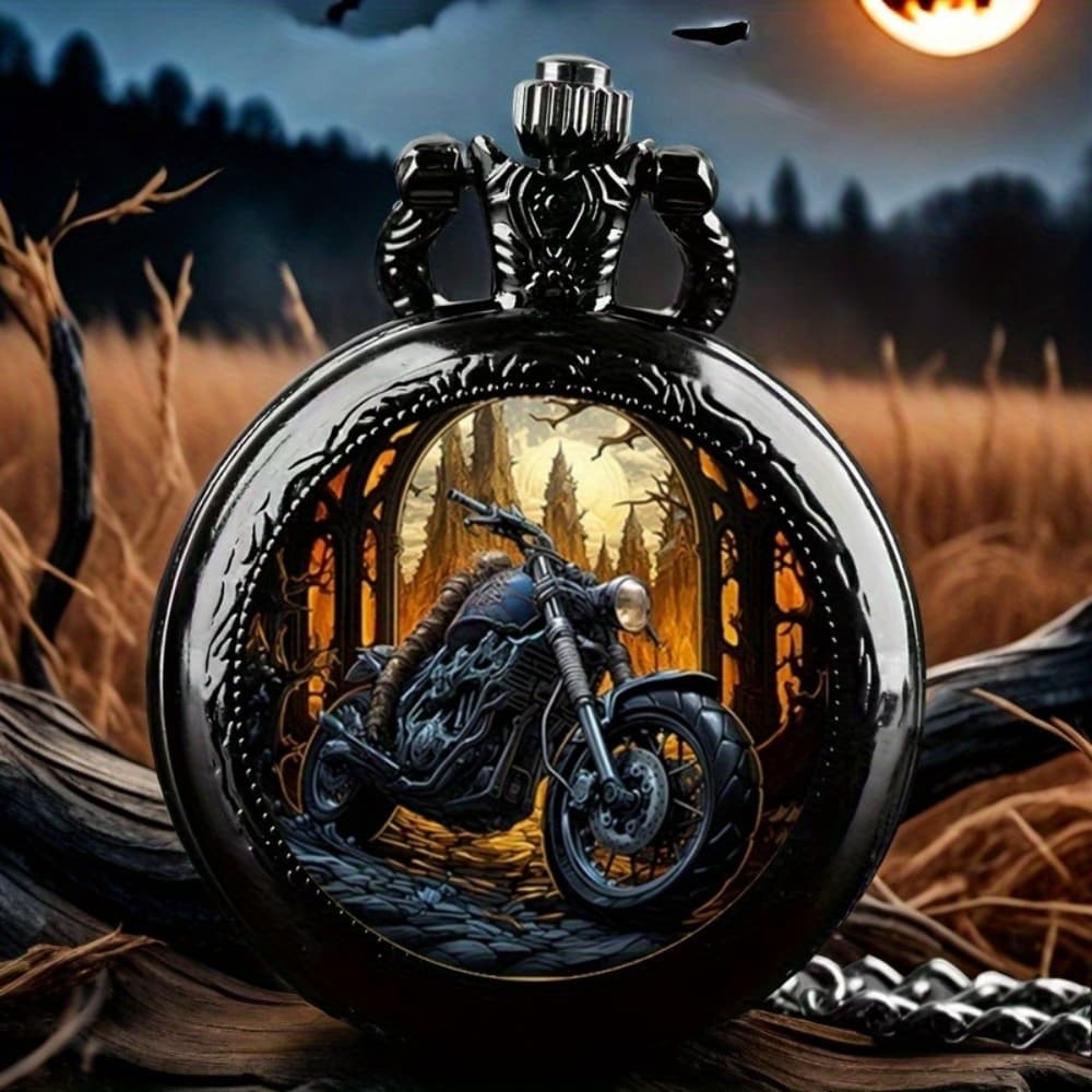TEMU Elegant Black Necklace Pocket Watch, Motorcycle Creative Dressing Watch, Vintage Jewelry, Unique New Year Christmas Birthday Gift