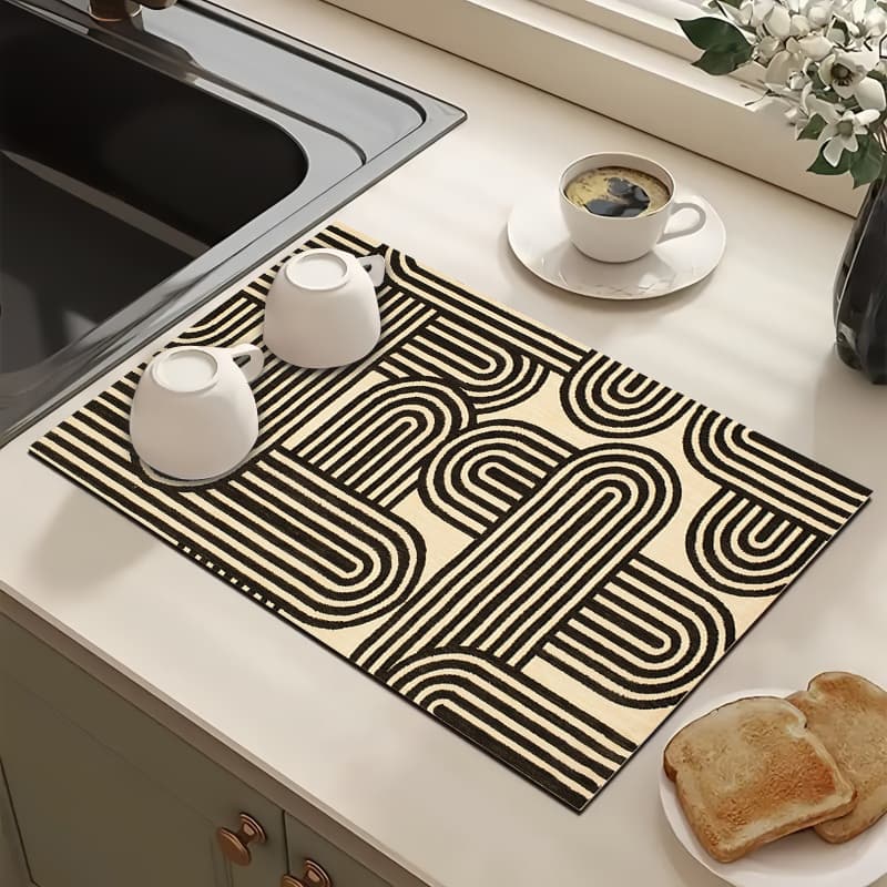 TEMU 1pc Fashionable Geometric Line Pattern Absorbent Kitchen Mat, Coffee Maker Absorbent Pad And Sink Or Countertop Protector Mat, Modern Black And Beige Kitchen And Bathroom Design