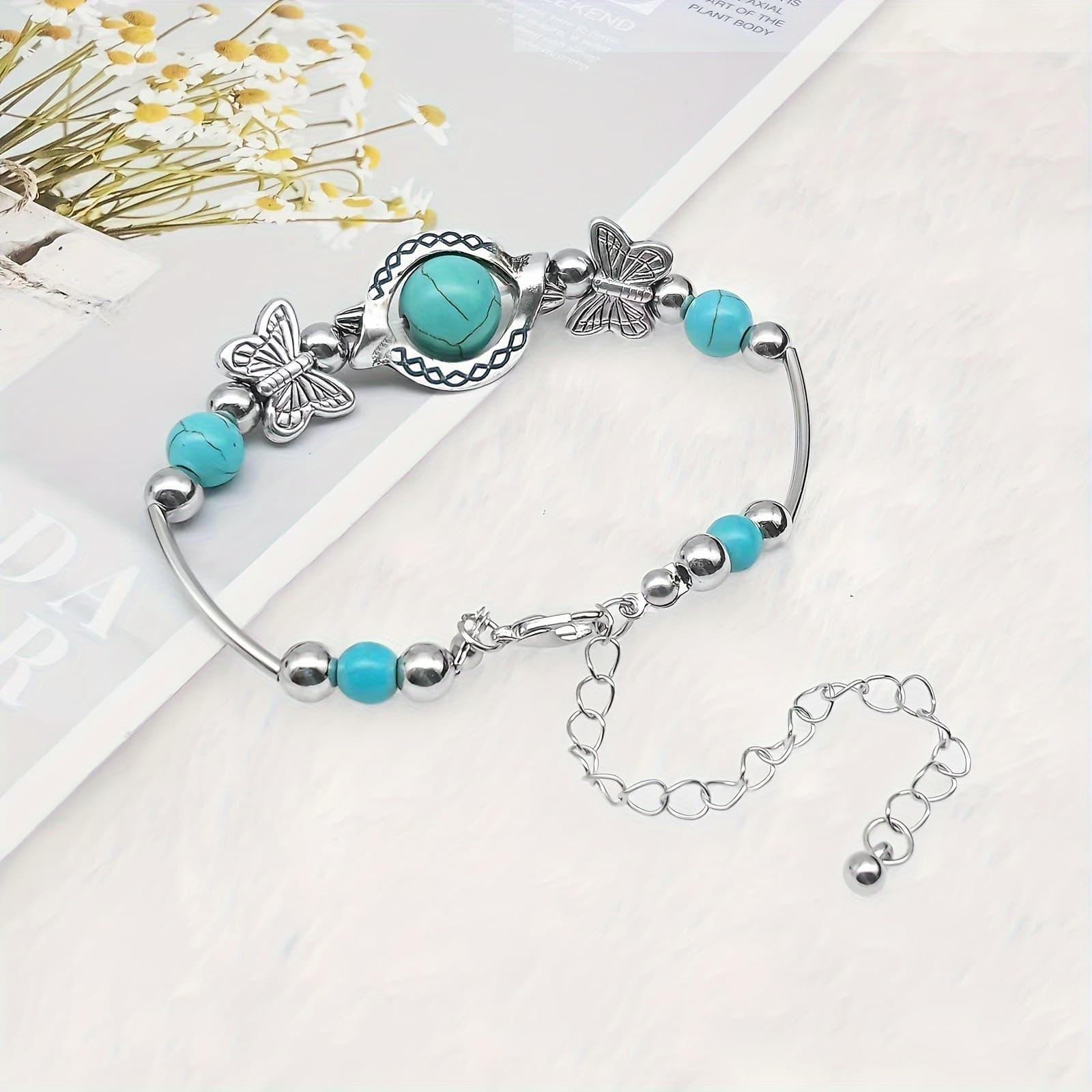 TEMU A Trendy Turquoise Decorative Pendant Bracelet, A Vintage Style Handmade Bracelet With A Simple Pearl Pendant Bracelet