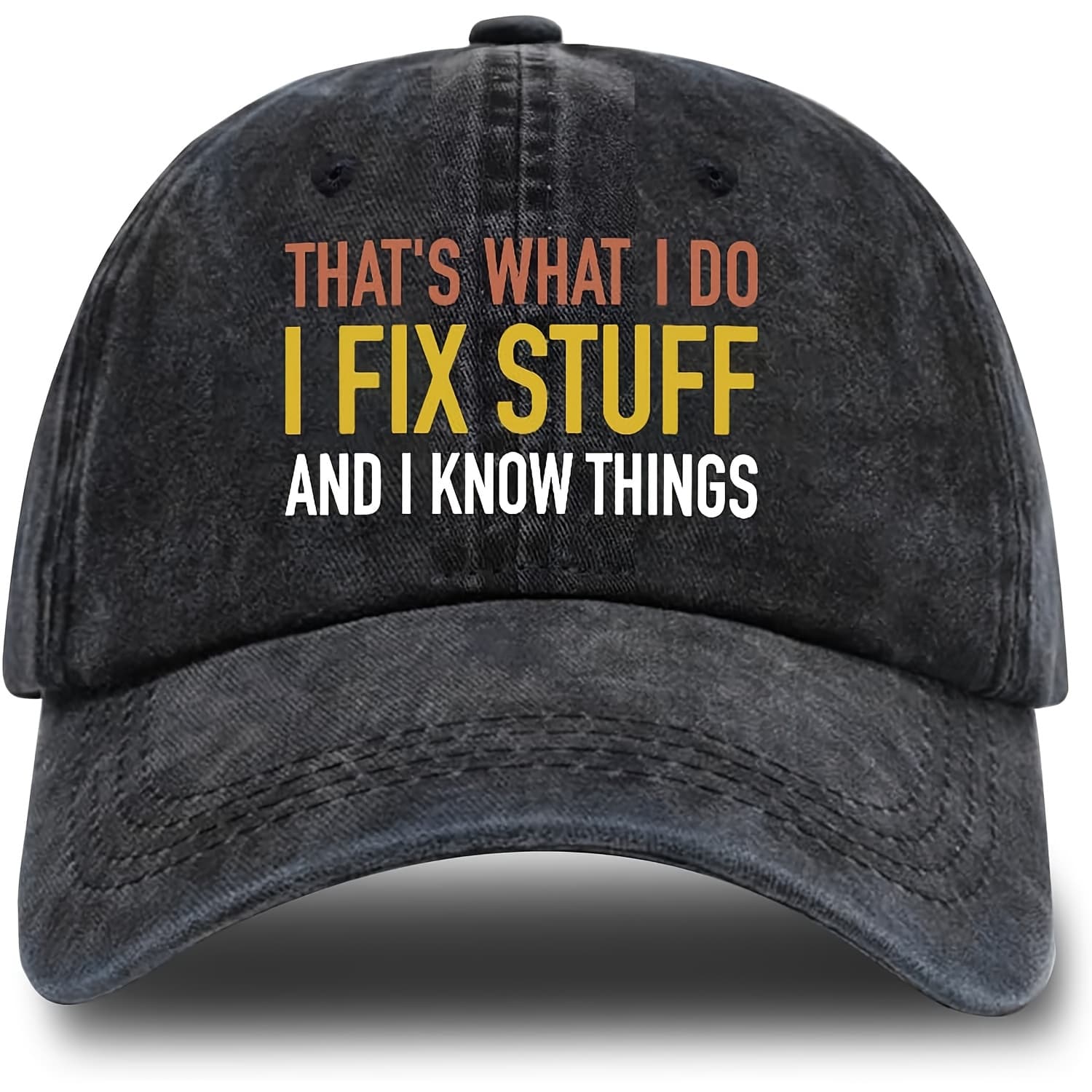 TEMU Men's Adjustable Washed Baseball With Humorous "i Fix Things" Slogan - Black And Yellow Casual Striped Design, Hand Washable, Daily Headwear | Loose Fit | Soft Fabric Construction