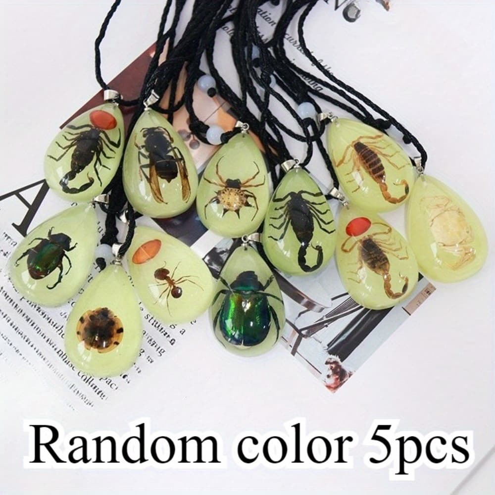 TEMU 5pcs Random Color Fashionable Unique Resin Pendant Necklace Set | Luminous Amber, Retro, Exaggerated Design For Daily And Party Occasions