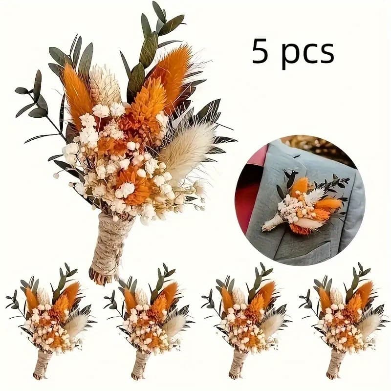 TEMU 5-pack Artificial Mini Pampas Grass Bouquet With Dried Flowers, Feathers& Eucalyptus- Wedding Centerpieces, Home Decor, Farmhouse Style, Table Decorations, Plastic Fake Flowers For Vase Fill