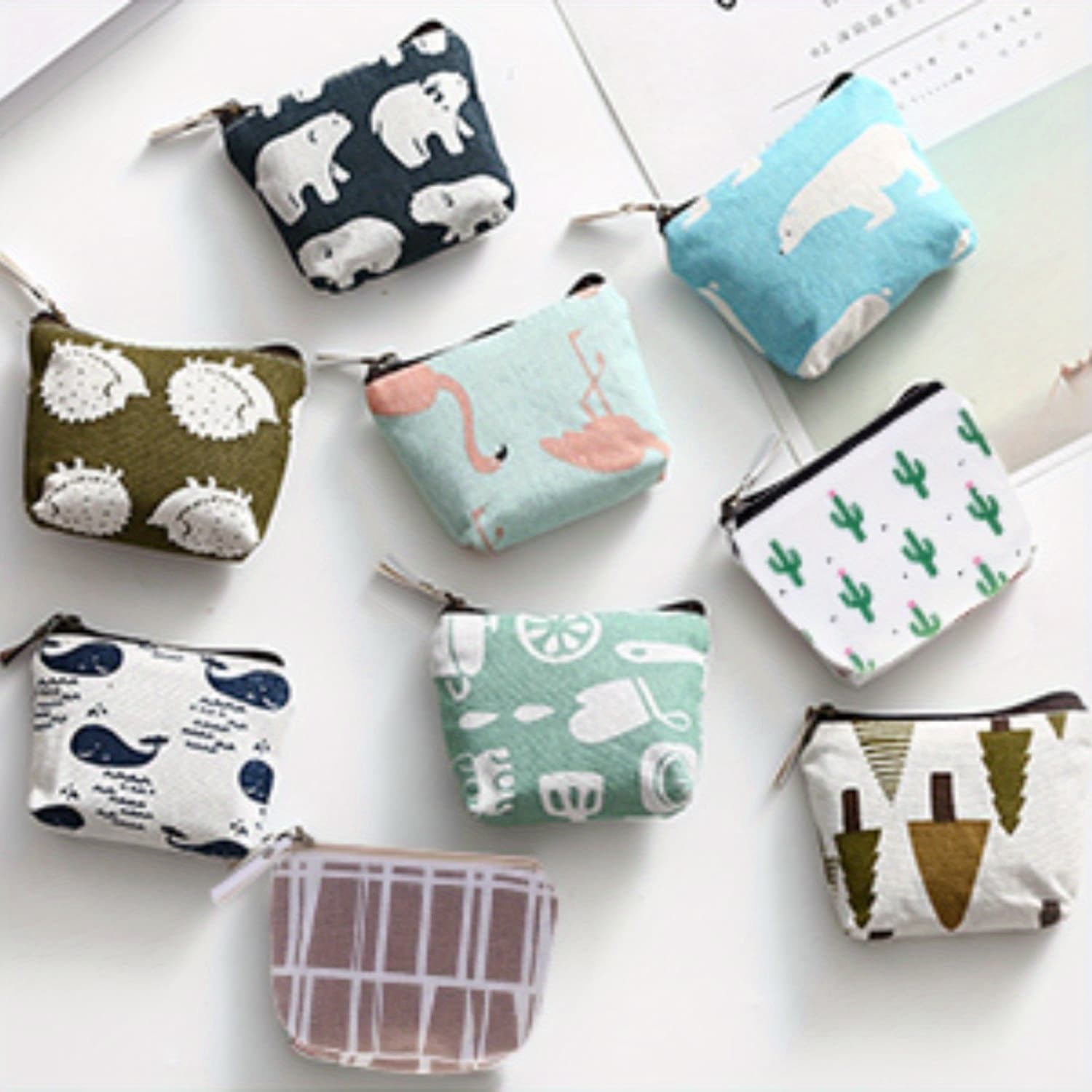 TEMU 10pcs Canvas Mini Wallets: Zipper Closure With Adorable Patterns, Suitable As Coin Purses, Card Holders, And Small Item Bags; Showcases Personality