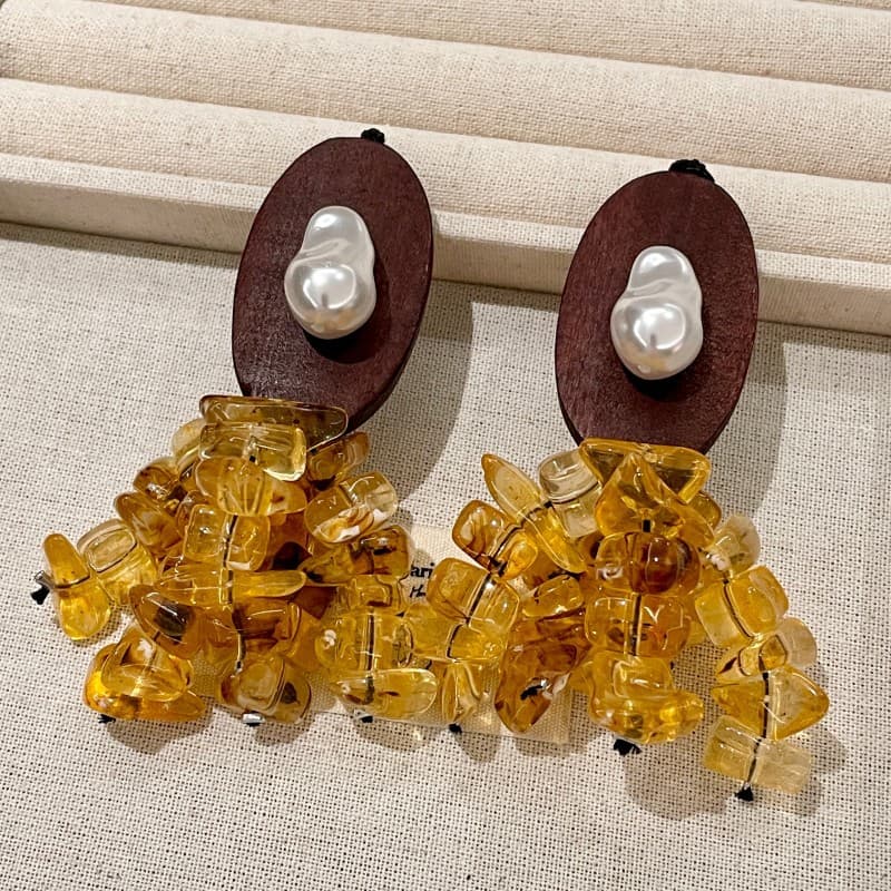 TEMU Retro Wooden Tassel Alloy Earrings, Women's Lightweight Luxury Geometric Bead Studs, Suitable For Daily Wear, Parties, Concerts, And Accessories