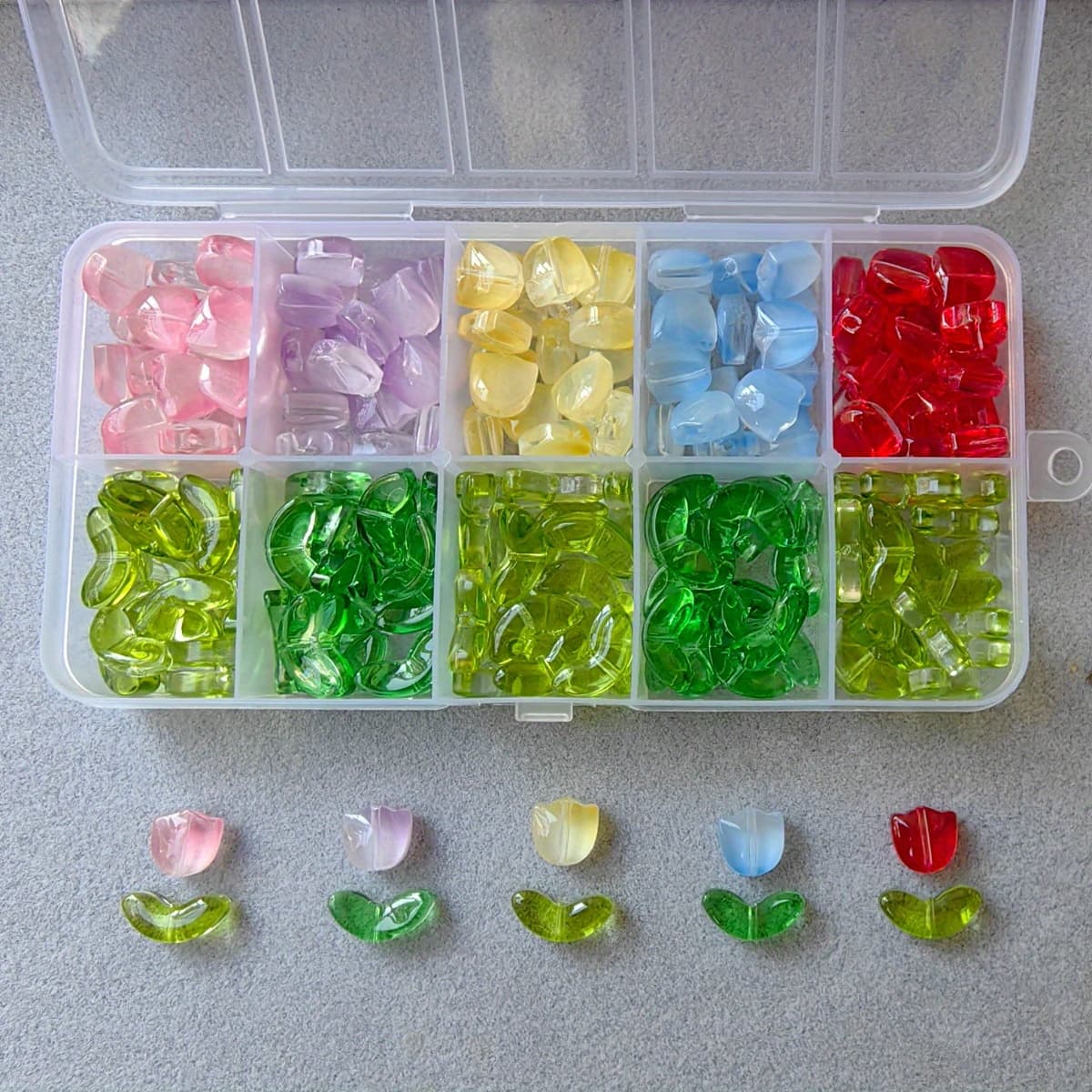 TEMU A Diy Bead Kit Containing 100 Glass Tulip Flowers And Leaves, Suitable For Making Bracelets, Necklaces, Earrings, Bag Charms, And Car Hangers.