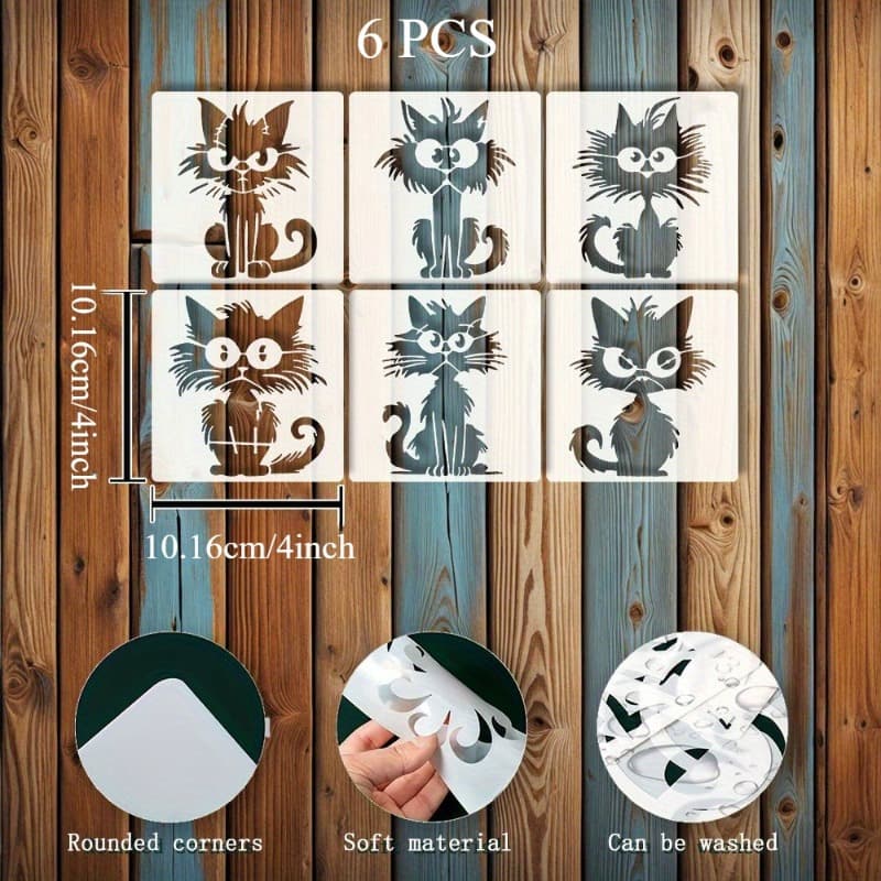 TEMU 6pcs Cat Painting Template Set, Design --- Washable And Reusable, Suitable For Diy Crafts On Wood, Fabric, Paper, Wall, Canvas And Floor