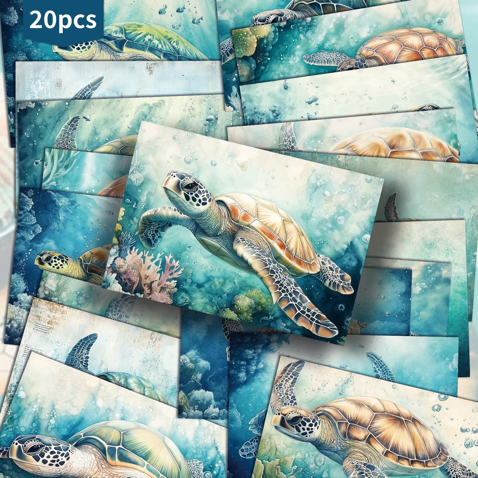 TEMU 20-pack Asstss Ocean Turtle Gift Card - 4x6 Inches Retro Junk Journal Paper, Classic Pinup Illustrations Collectible Decorative Painting Cards For Scrapbooking And Crafting