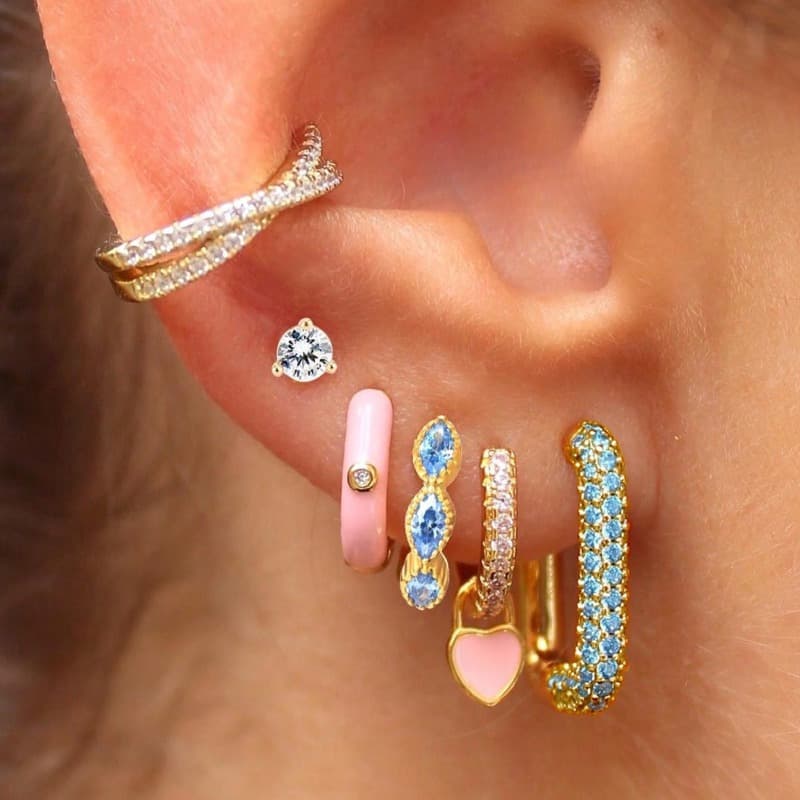 TEMU Women's 6pcs Set Of Blue Synthetic Zirconia Circular Earrings, Pink Enamel Earrings Set