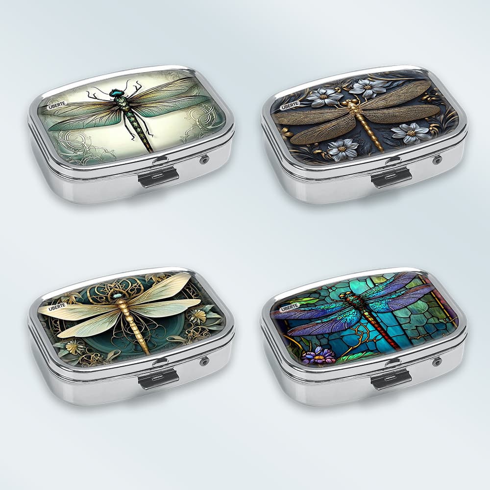 TEMU 4-pack Dragonfly Art Decorative Pattern Printed Metal Medicine Box, Double Compartment Pocket Square Box, 3d Glue Multifunctional Medicine And Jewelry Storage Box, For , Suitable For