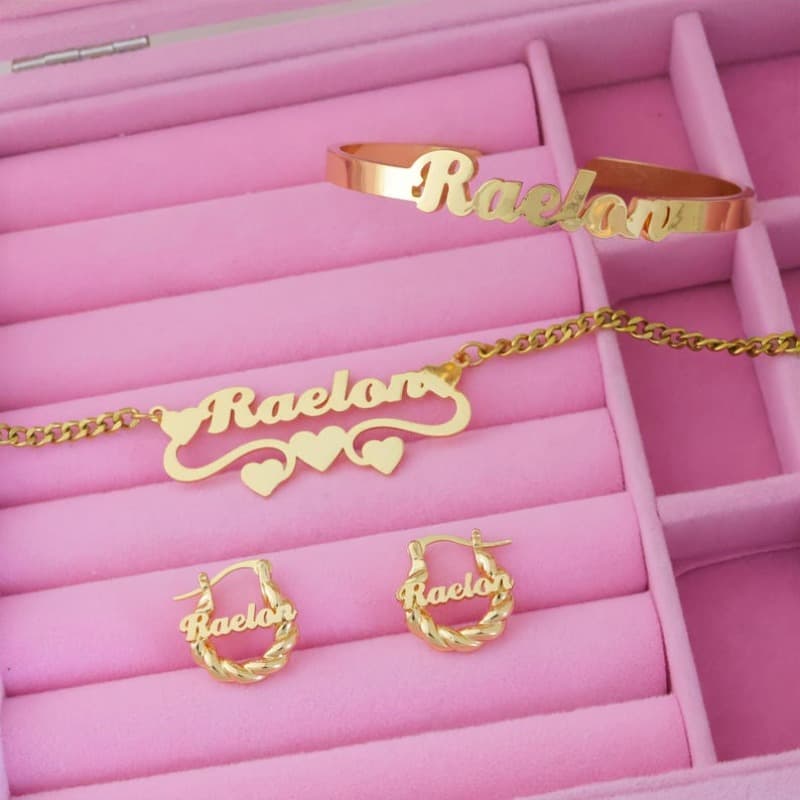 TEMU Set Of 3 Personalized Jewelry Items Including Mini Earrings, A Name Bracelet, Name Hoops, A Nameplate Necklace, And A Custom Letter Pendant - Perfect Gift For Women