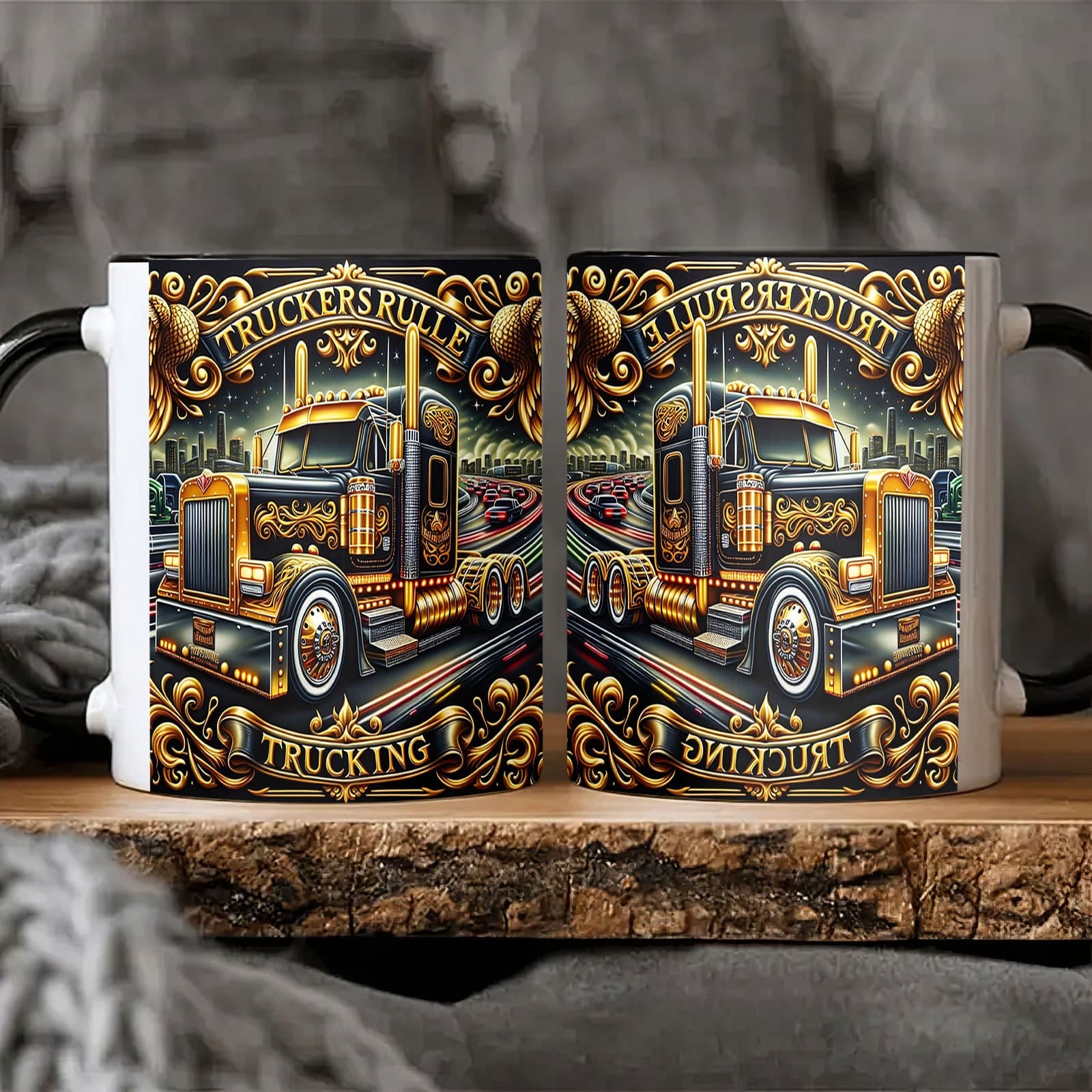 TEMU 1pc Of 11 Ounce Vintage Truck Themed Ceramic Cup With Black Handle - Perfect For Coffee, Tea, Milk, And Wine - Gorgeous Golden And Design - Perfect Gift For Birthdays, Valentine's Day, And Easter