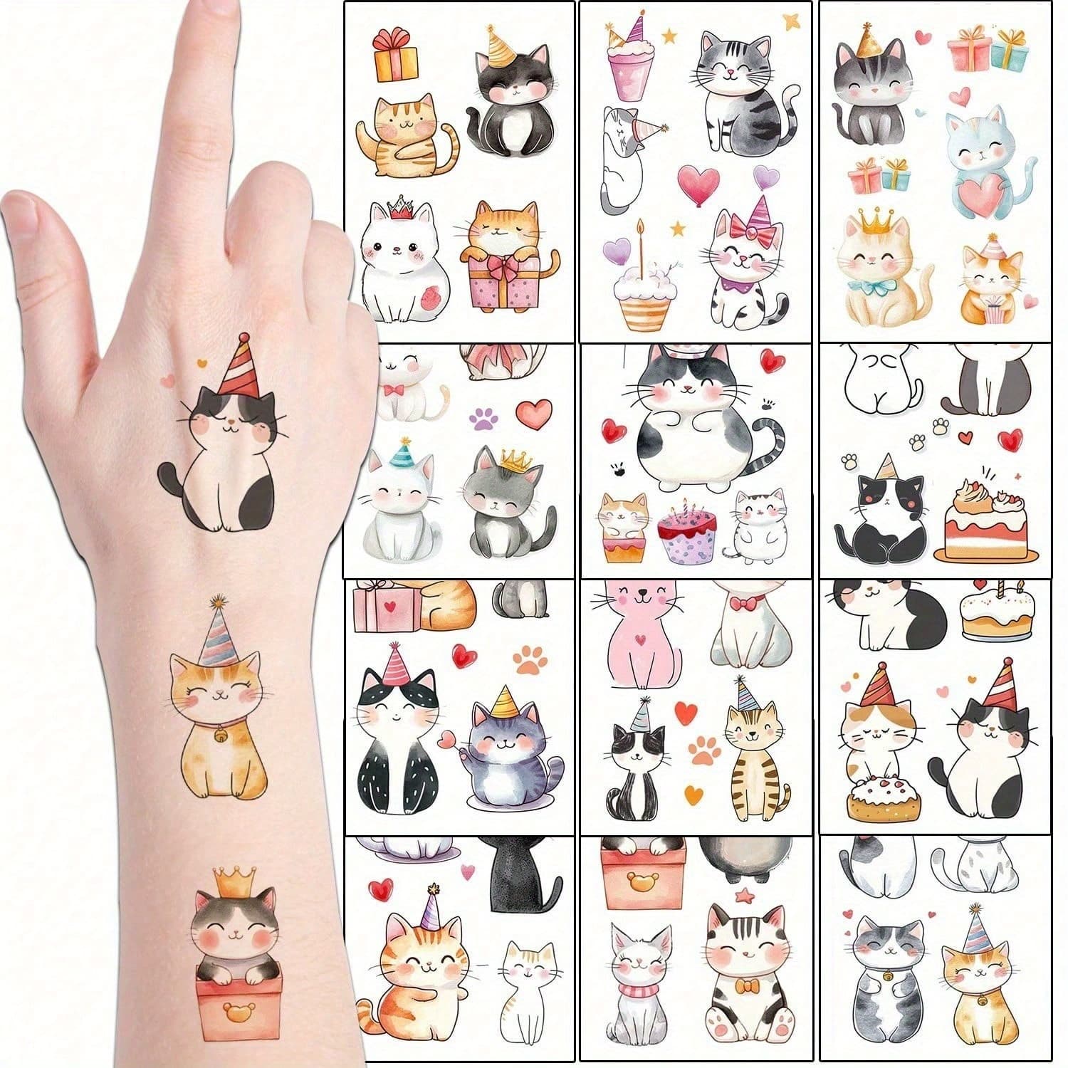 TEMU 12 Sheets Cute Cats Temporary Tattoos Birthday Cat Face Body Stickers Themed Party Supplies Decorations For Women Birthday Favors