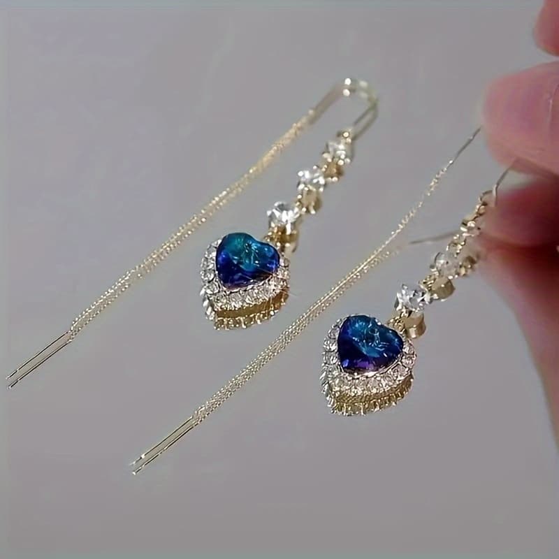 TEMU A Set Of Elegant Heart-shaped Blue Artificial Crystal Tassel Earrings With Shiny Decorations, Perfect For To Wear . Suitable For