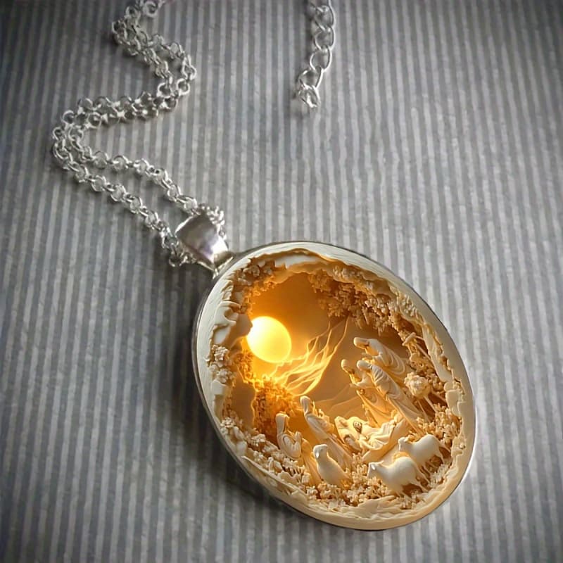 TEMU Christmas And Easter Gifts! "vintage Oval Glass Inlay" Religious Pendant Necklace White K Plated Iron Chain Shepherd Sheep/ Scene Design Religious Jewelry Accessories