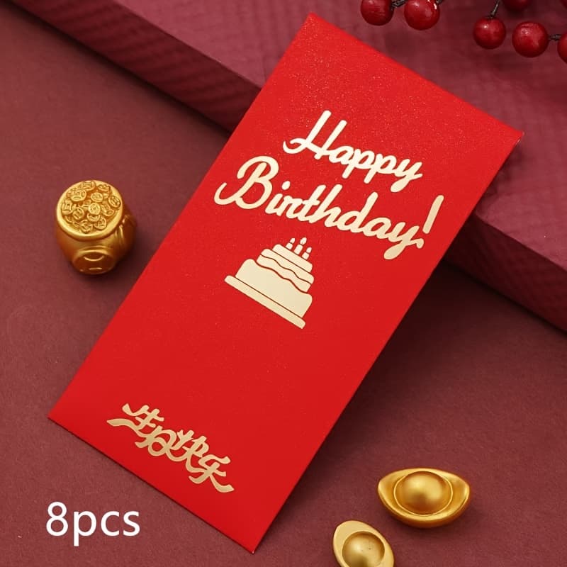 TEMU Set Of 8, Festive Red Envelope Bags Featuring Unique Gold-embossed English Designs, Blending Traditional Chinese And Western Styles, Perfect For Celebrations Like Chinese New Year And Birthdays