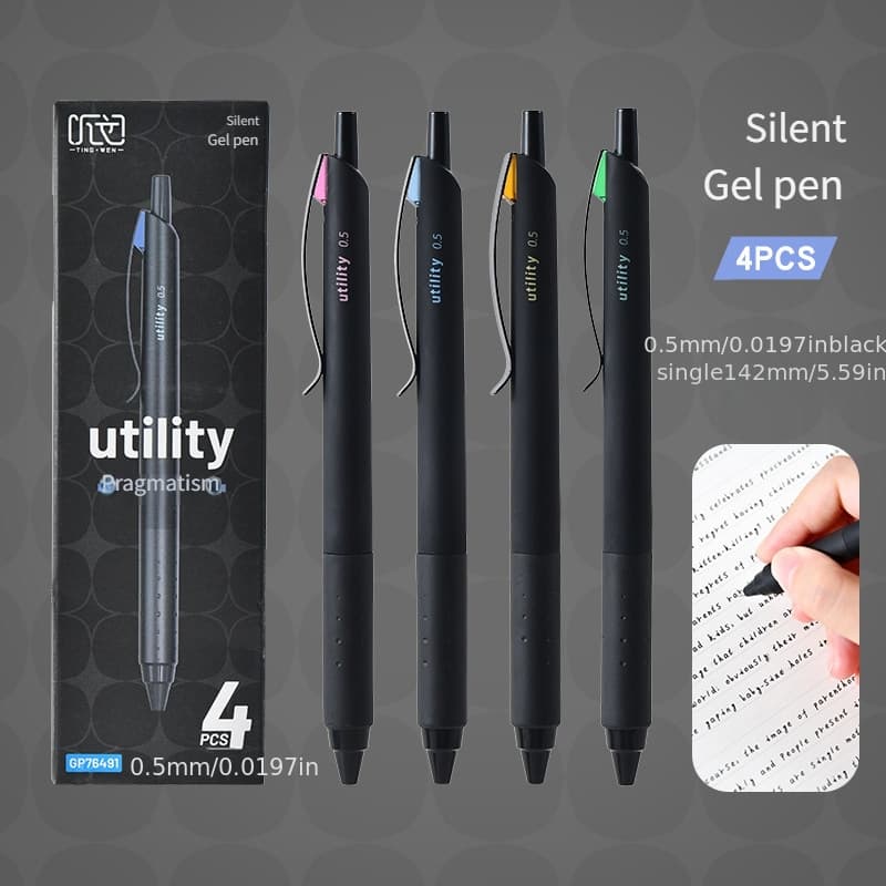 TEMU 4-pack Utility Silent Gel Pens, Easy And Stylish Black Pens For Students, Quick-drying Carbon Pens, Silent Pens For Middle School Exams, Office Water-based Pens