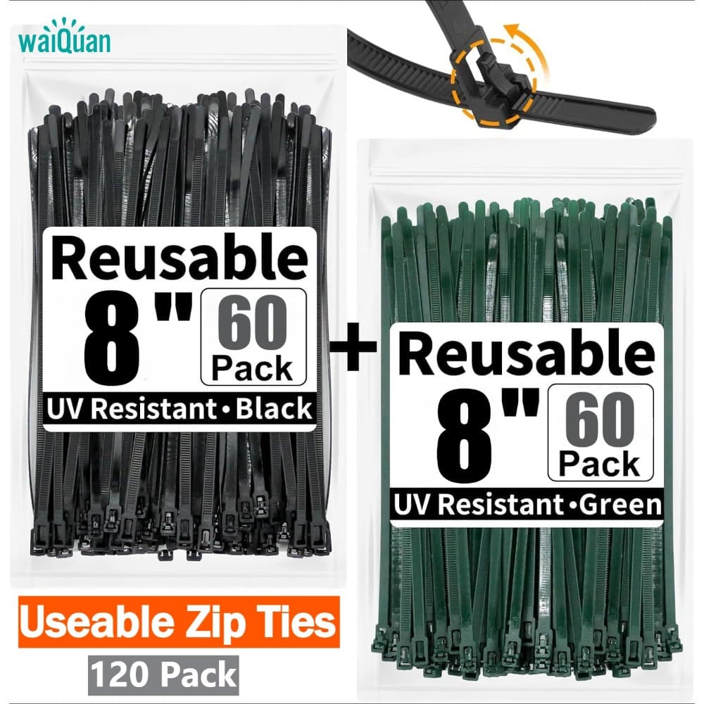 TEMU 120pack Reusable Zip Ties 8 Inch Heavy Duty Zip Tie (black + Green), Releasable Cable Ties Nylon Cable Wire Ties For Use Indoor And Outdoor Plastic Tie Wire