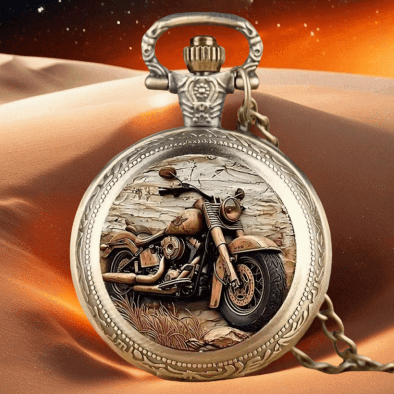 TEMU Cool Old Classic Biker Pattern Round Quartz Pocket Watch With Chain Fashionable Quartz Pocket Watch With Chain, Creative Dressing Jewelry, Unique New Year Christmas Birthday Gift