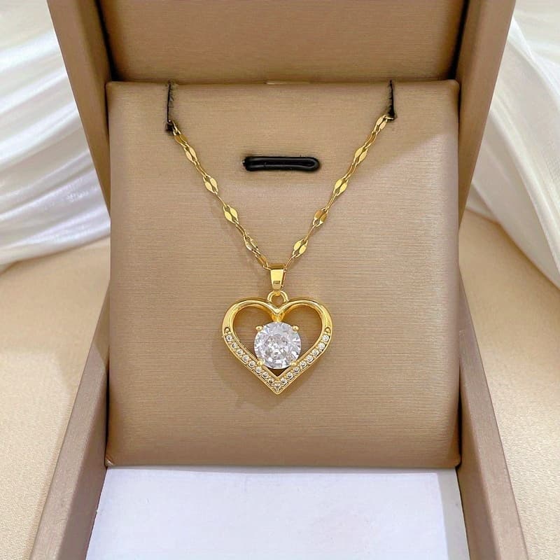 TEMU Stainless Steel Micro-inlaid Heart Pendant Necklace For Women, Featuring A Trendy , Perfect As A Birthday Gift And Versatile For Layering