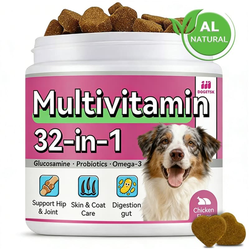 TEMU A 32-in-1 Multivitamin For Dogs, -3, Probiotics, And . This Health Supplement Comes In 120 Soft Chew Tablets. It Supports Skin, Coat, And Hip , And Has A Flavor