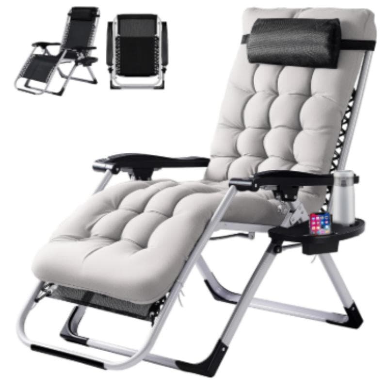 TEMU 0 Gravity Recliner, Foldable Headrests, Recliner With Cup Holder Tray And Detachable Cushion, Indoor/ Outdoor Foldable Recliner, Black/ Gray