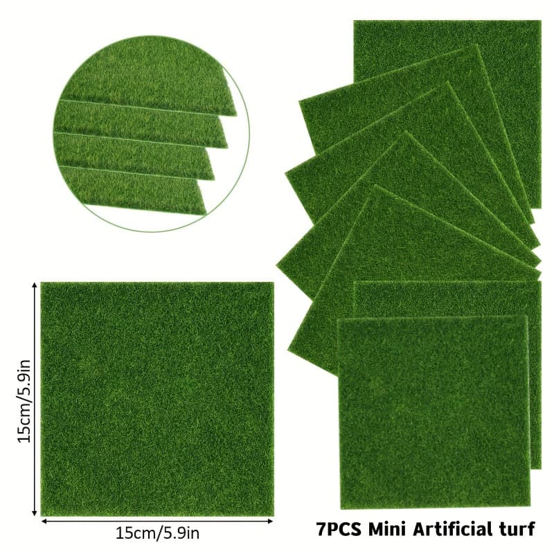 TEMU 7pcs Mini Artificial Grass Garden | Rectangular, Mini Garden Decoration, Plastic Fairy Tale Garden Carpet, Suitable For Doll House Decoration And Micro Landscape Layout