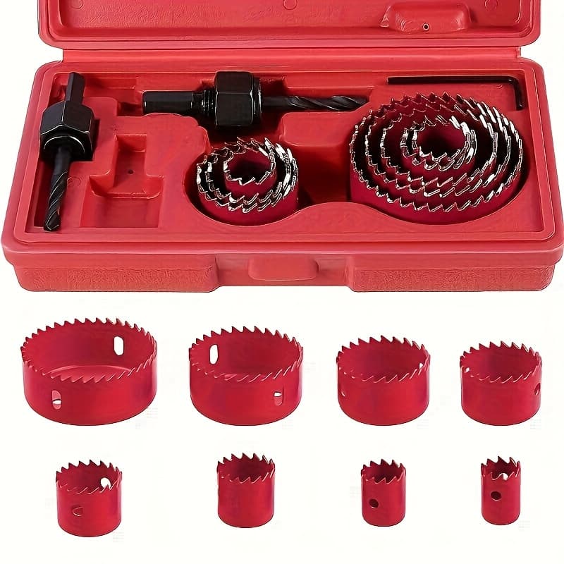 TEMU 8pcs Kit, Kit, Includes 8 Sizes From 3/4 Inch To 2-1/2 Inch (19mm To 64mm), Includes Saw Handle And Hex Wrench, Suitable For Drilling , Pvc Boards, And Plastic Boards, Red And Black