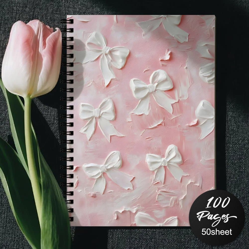 TEMU 1 Cute Pink Bowknot Spiral Notebook | Elegant White , Pink Textured Background, Romantic And Sweet, Perfect For School, Work Or Personal Use, High-quality Paper Material