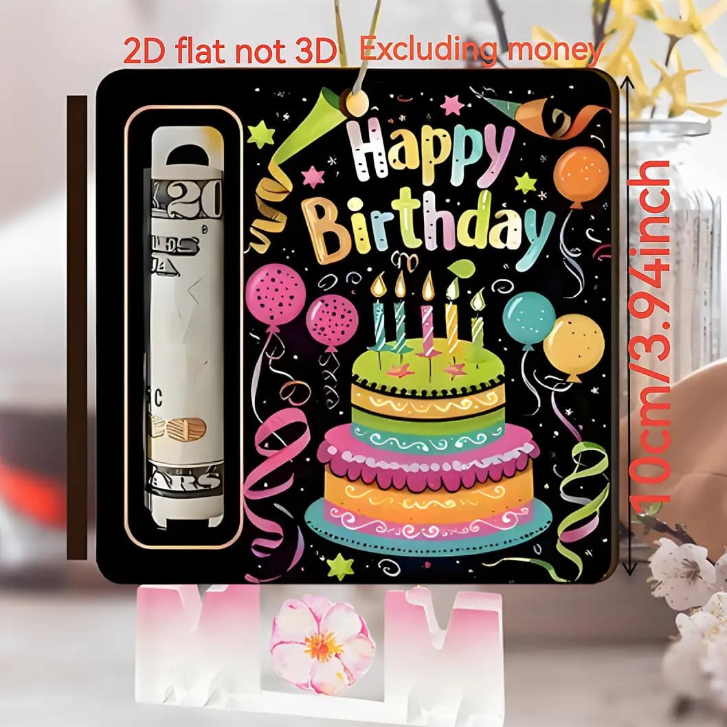 TEMU 1pc 2d Flat Money Clip Greeting Card With Happy Birthday And Colorful Cake Holiday Decoration Pendant Cash Greeting Card, 2d Flat