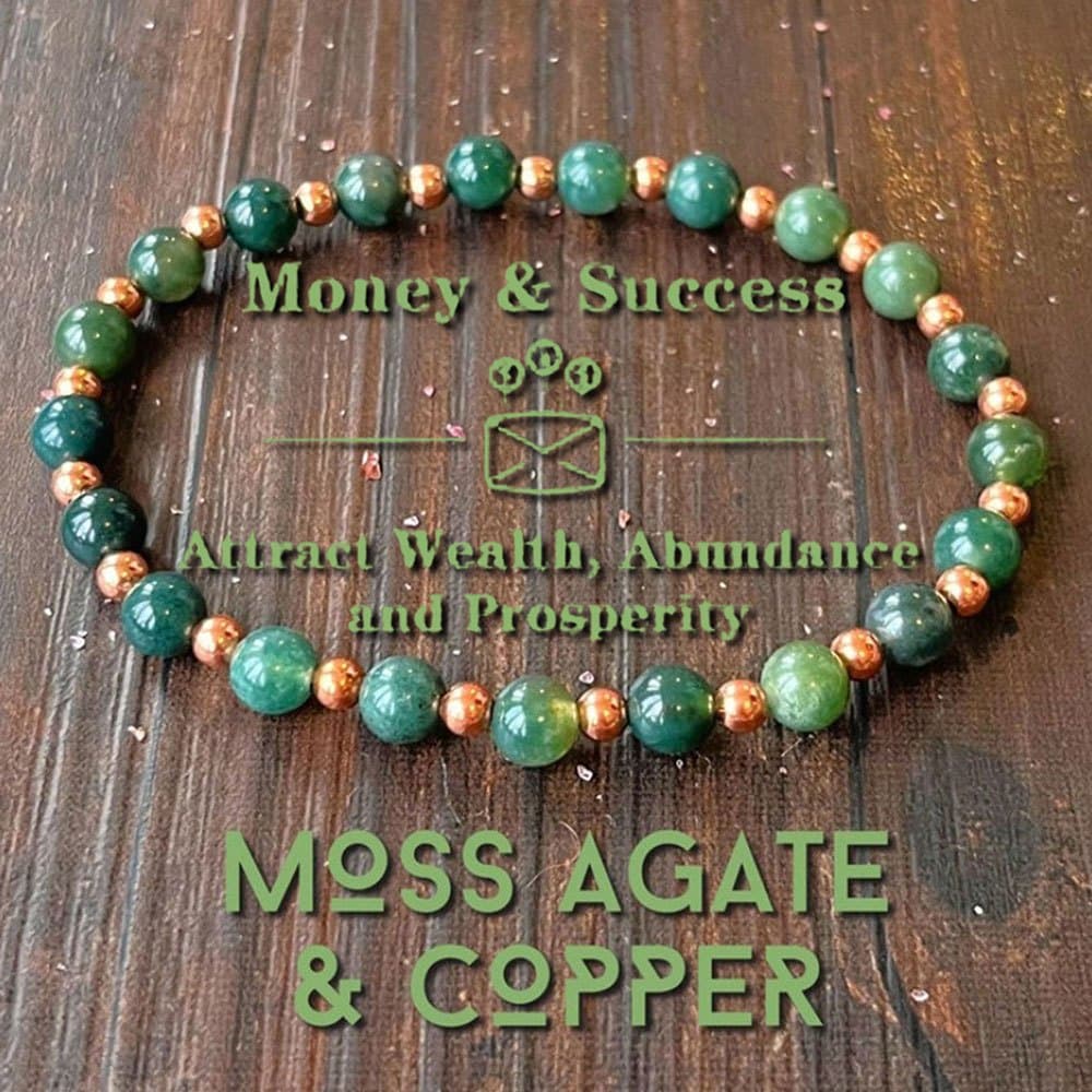 TEMU Money & Success Moss Agate And Copper Beaded Bracelet, Wealth, And , Suitable For Daily Wearing